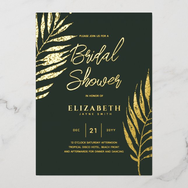 Green Tropical Disco BRIDAL SHOWER Gold Leaves Foil Invitation (Front)