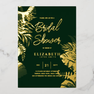 Green Tropical Disco BRIDAL SHOWER Gold Leaves Foil Invitation
