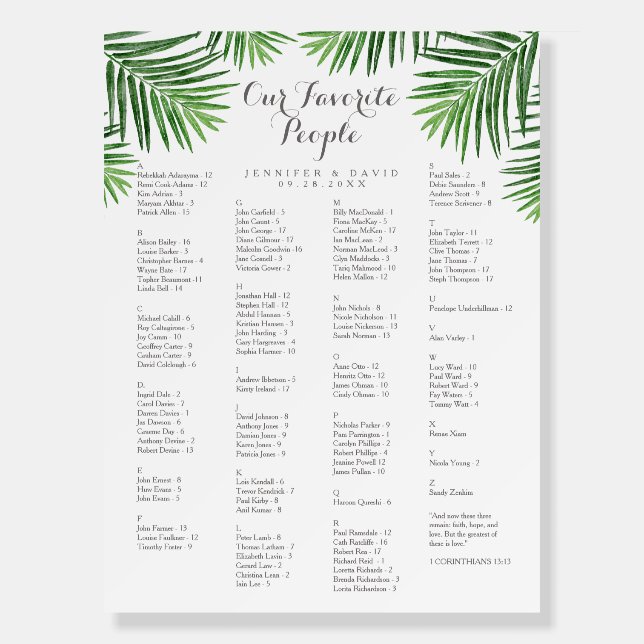 Green Tropical Ferns Alphabetical Seating Chart Foam Board (Front)