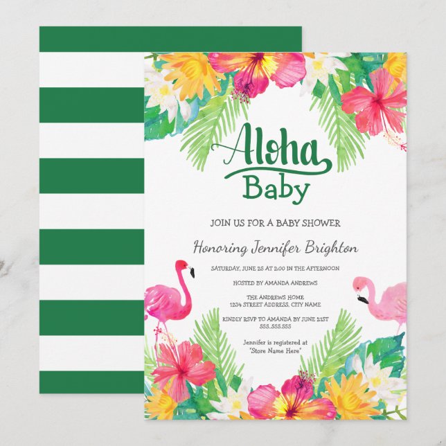 Green | Tropical Flamingo Luau Baby Shower Invitation (Front/Back)