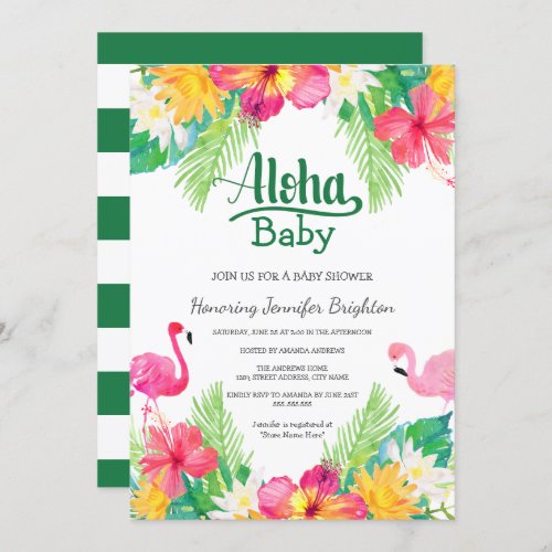 Green  Tropical Flamingo Luau Baby Shower Invitation