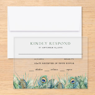 Green Tropical Indian Peacock Feathers Wedding Acrylic Rsvp Card