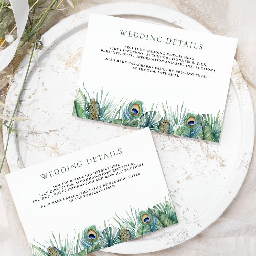 Green Tropical Indian Peacock Feathers Wedding Enclosure Card