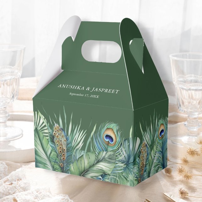 Green Tropical Indian Peacock Feathers Wedding Favor Boxes (Creator Uploaded)