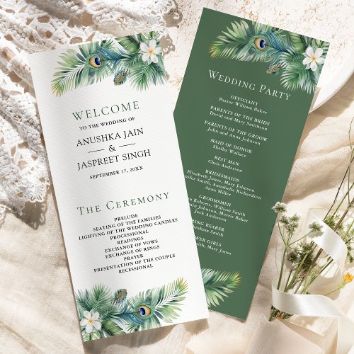 Green Tropical Indian Peacock Feathers Wedding Program