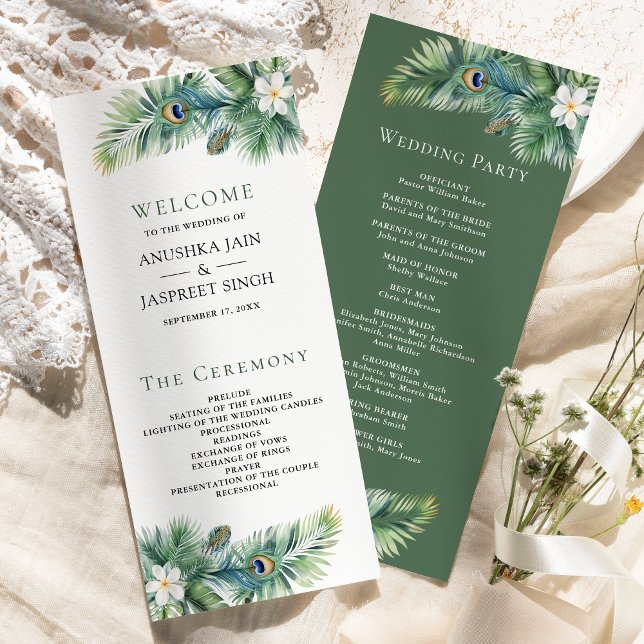 Green Tropical Indian Peacock Feathers Wedding Program (Creator Uploaded)