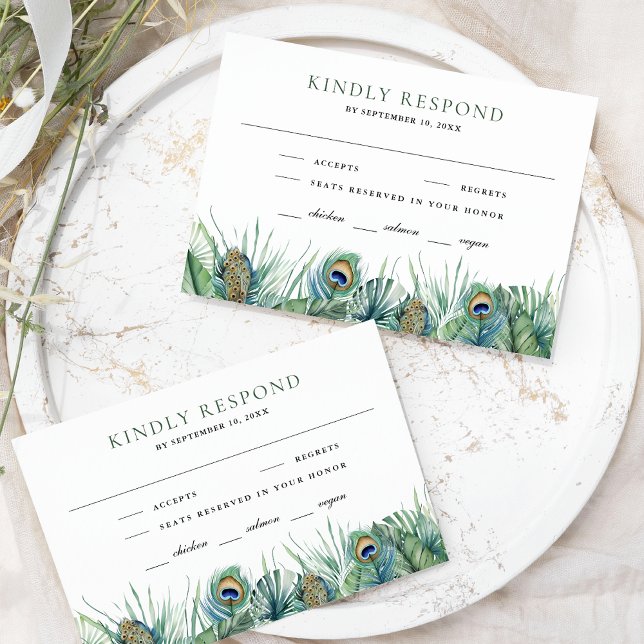 Green Tropical Indian Peacock Feathers Wedding RSVP Card (Creator Uploaded)