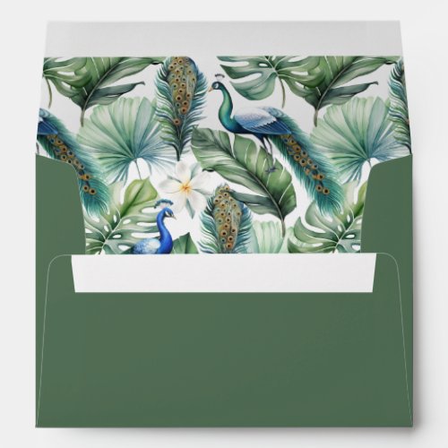 Green Tropical Indian Peacock Floral Wedding Envelope