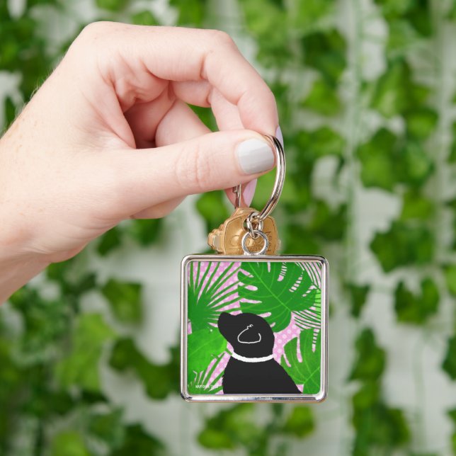 Green Tropical Island Black Dog Keychain (Hand)