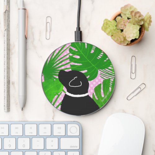Green Tropical Island Black Dog Wireless Charger