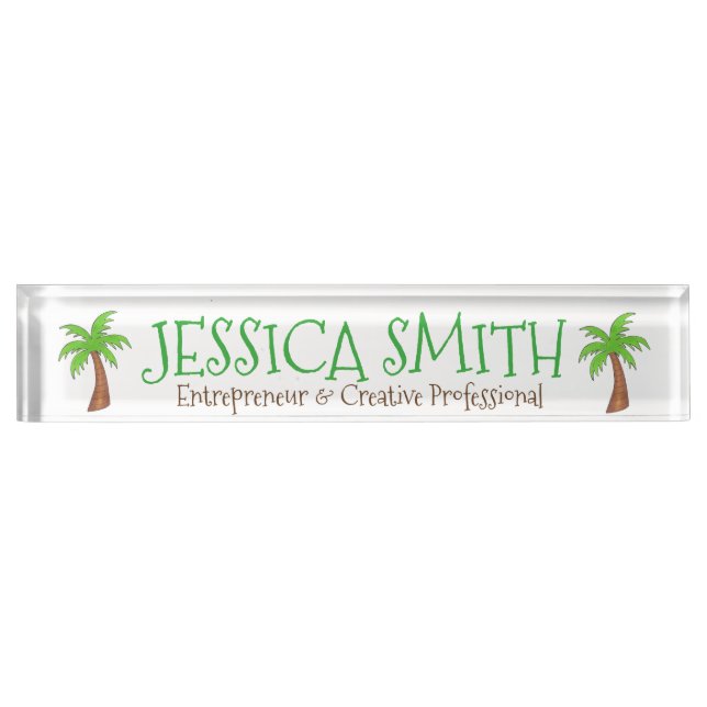 Green Tropical Island Palm Tree Beach Desk Name Plate (Front)