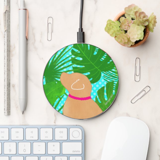 Green Tropical Island Yellow Dog Wireless Charger (Desk)