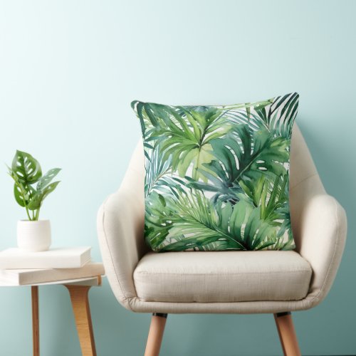 Green Tropical Jungle Palm Leaves Throw Pillow