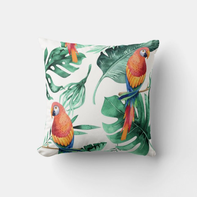 Green Tropical Jungle Rain Forest Leaves Parrots Throw Pillow (Front)
