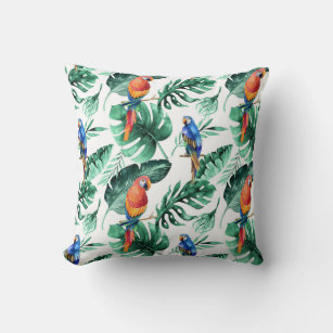 Green Tropical Jungle Rain Forest Leaves Parrots Throw Pillow