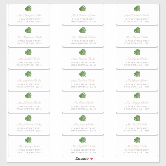 Green Tropical Leaf Guest Envelope Address Labels (Sheet)
