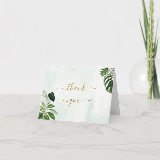 Green Tropical Leaf Wedding Thank You Card (Front)