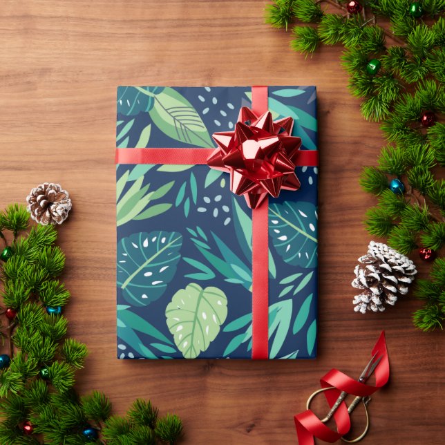 Green Tropical Leafs Pattern On Blue Wrapping Paper (Holiday Gift)