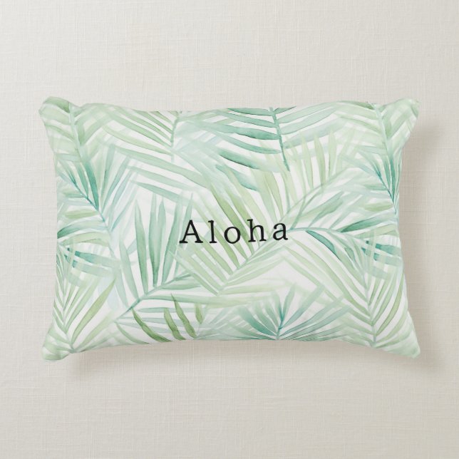 Green Tropical Leaves Aloha Accent Pillow (Front)
