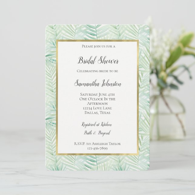 Green Tropical Leaves Aloha Bridal Shower Invitation (Standing Front)