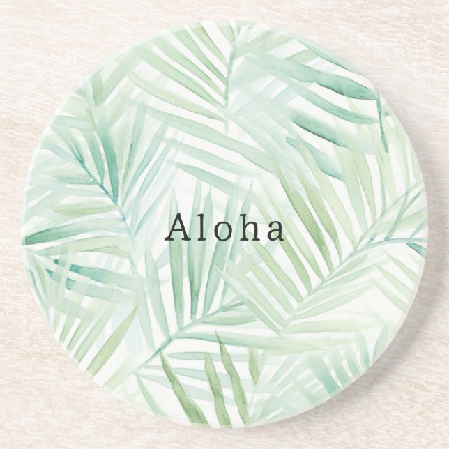 Green Tropical Leaves Aloha Coaster (Front)
