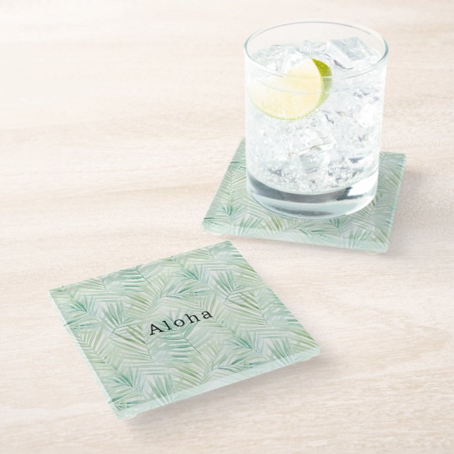 Green Tropical Leaves Aloha Glass Coaster (Angled)