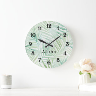 Green Tropical Leaves Aloha Large Clock