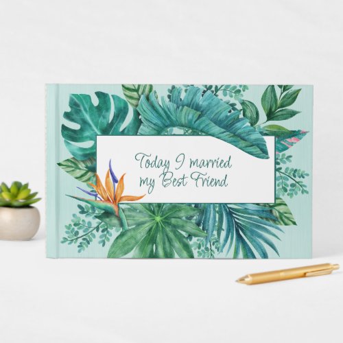 Green Tropical Leaves and Flower Wedding Guest Book