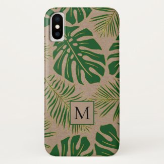 Green tropical leaves and monogram rustic Case-Mate iPhone case