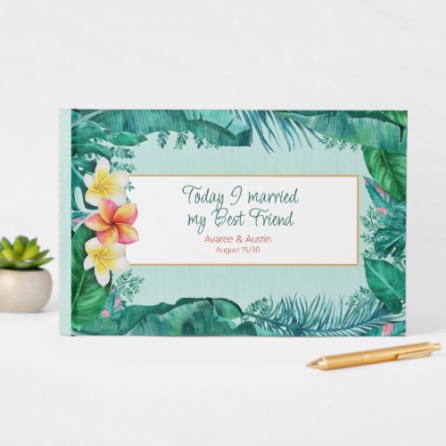 Green Tropical Leaves and Plumeria Wedding  Guest Book