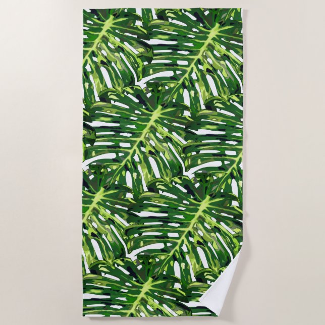 Green Tropical Leaves Beach Towel (Front)