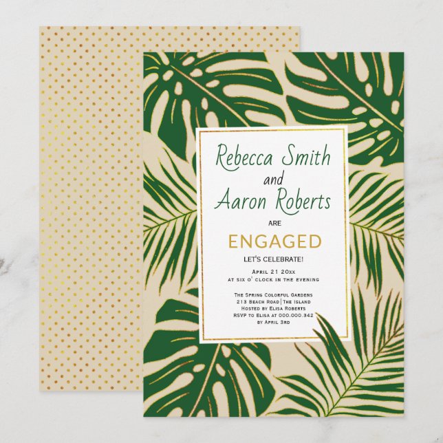 Green tropical leaves beige engagement party invitation (Front/Back)