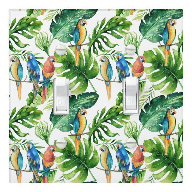 Green Tropical Leaves & Birds Summer Island Light Switch Cover (In Situ)