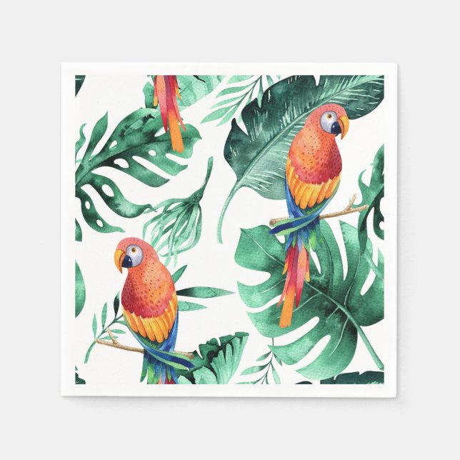Green Tropical Leaves & Birds Summer Party Napkins (Front)