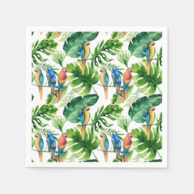 Green Tropical Leaves & Birds Summer Party Paper Napkins (Front)