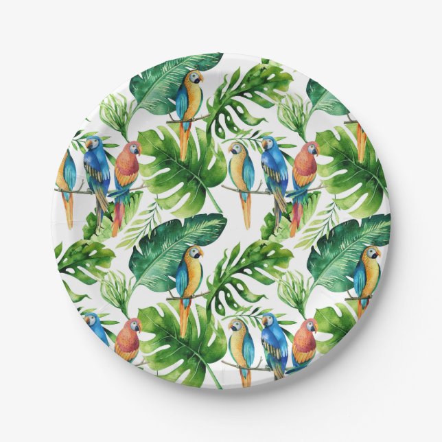 Green Tropical Leaves & Birds Wedding Party Paper Plates (Front)