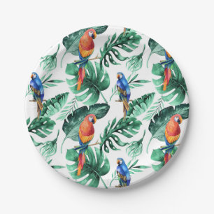 Green Tropical Leaves & Birds Wedding Party Paper Plates