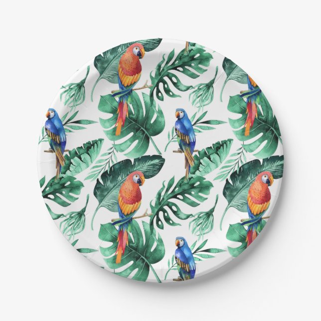 Green Tropical Leaves & Birds Wedding Party Paper Plates (Front)