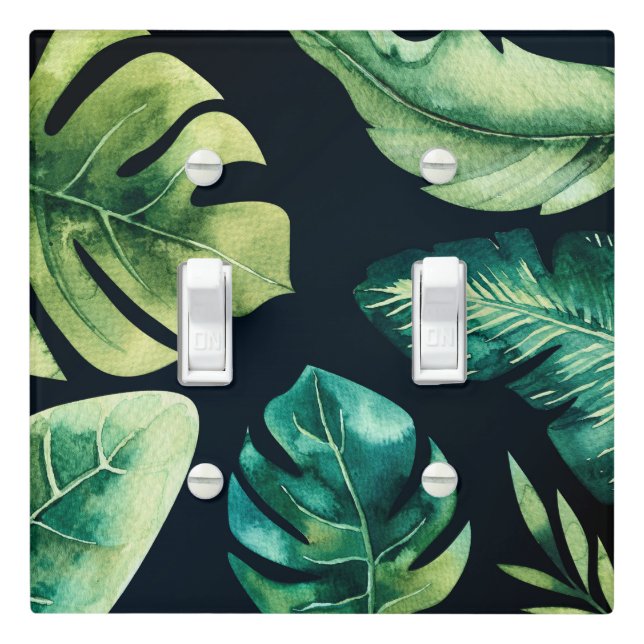 Green Tropical Leaves Black Elegant Chic Summer Light Switch Cover (In Situ)
