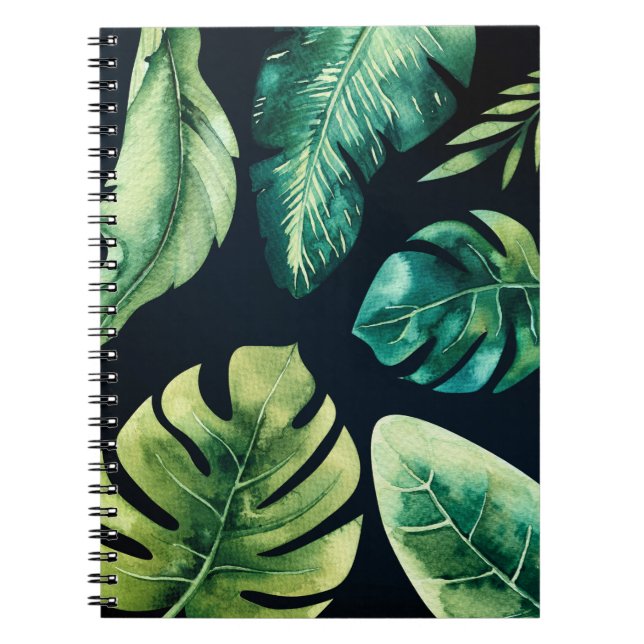 Green Tropical Leaves Black Elegant Chic Summer Notebook (Front)