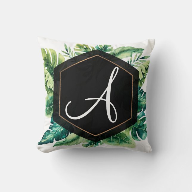 Green Tropical Leaves Black Elegant Chic Summer Throw Pillow (Front)