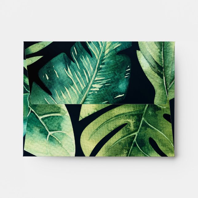 Green Tropical Leaves Black Elegant Invitation Envelope (Back (Top Flap))