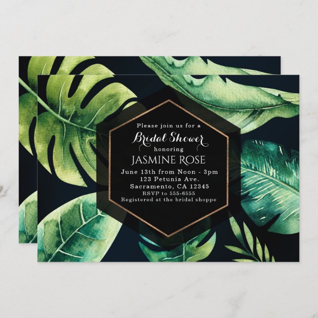 Green Tropical Leaves & Black Elegant Invitations (Front/Back)