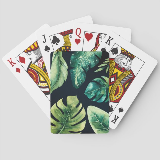 Green Tropical Leaves Black Elegant Modern Chic Poker Cards (Back)