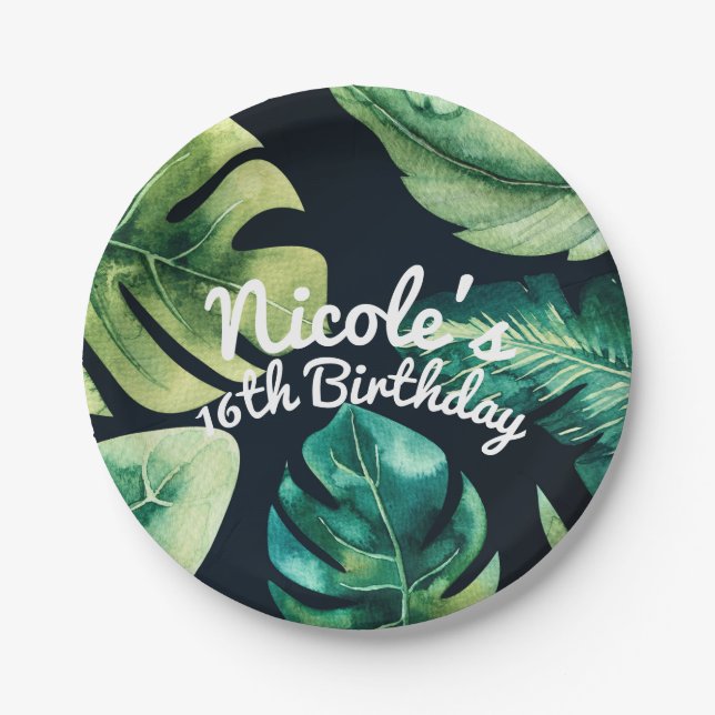 Green Tropical Leaves Black Elegant Summer Party Paper Plates (Front)