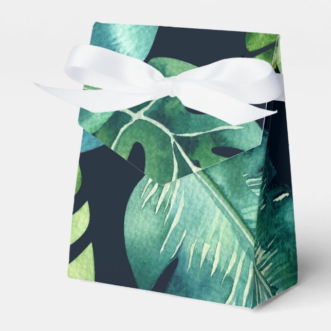 Green Tropical Leaves Black Elegant Wedding Favor Boxes (Front Side)