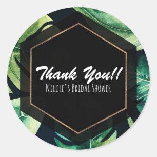 Green Tropical Leaves Black Elegant Wedding Favor Classic Round Sticker