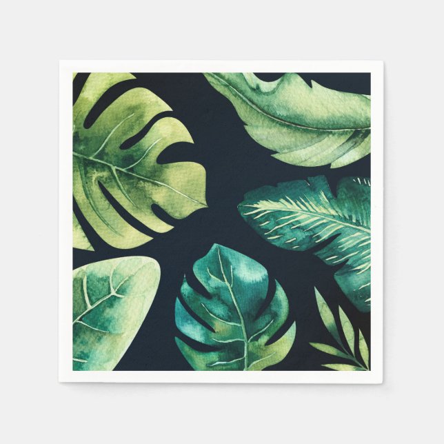 Green Tropical Leaves Black Elegant Wedding Party Napkins (Front)