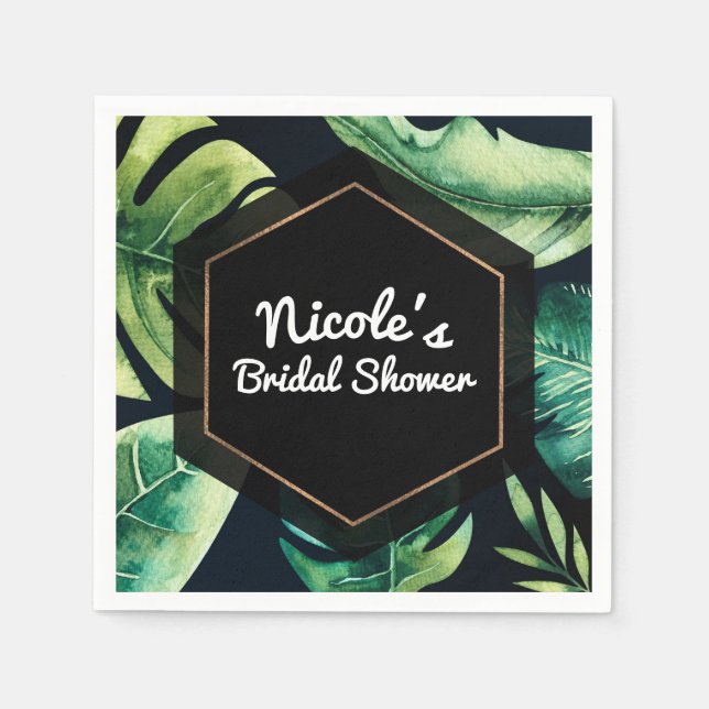 Green Tropical Leaves Black Elegant Wedding Party Paper Napkins (Front)