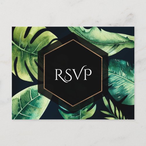 Green Tropical Leaves Black Elegant Wedding RSVP Invitation Postcard